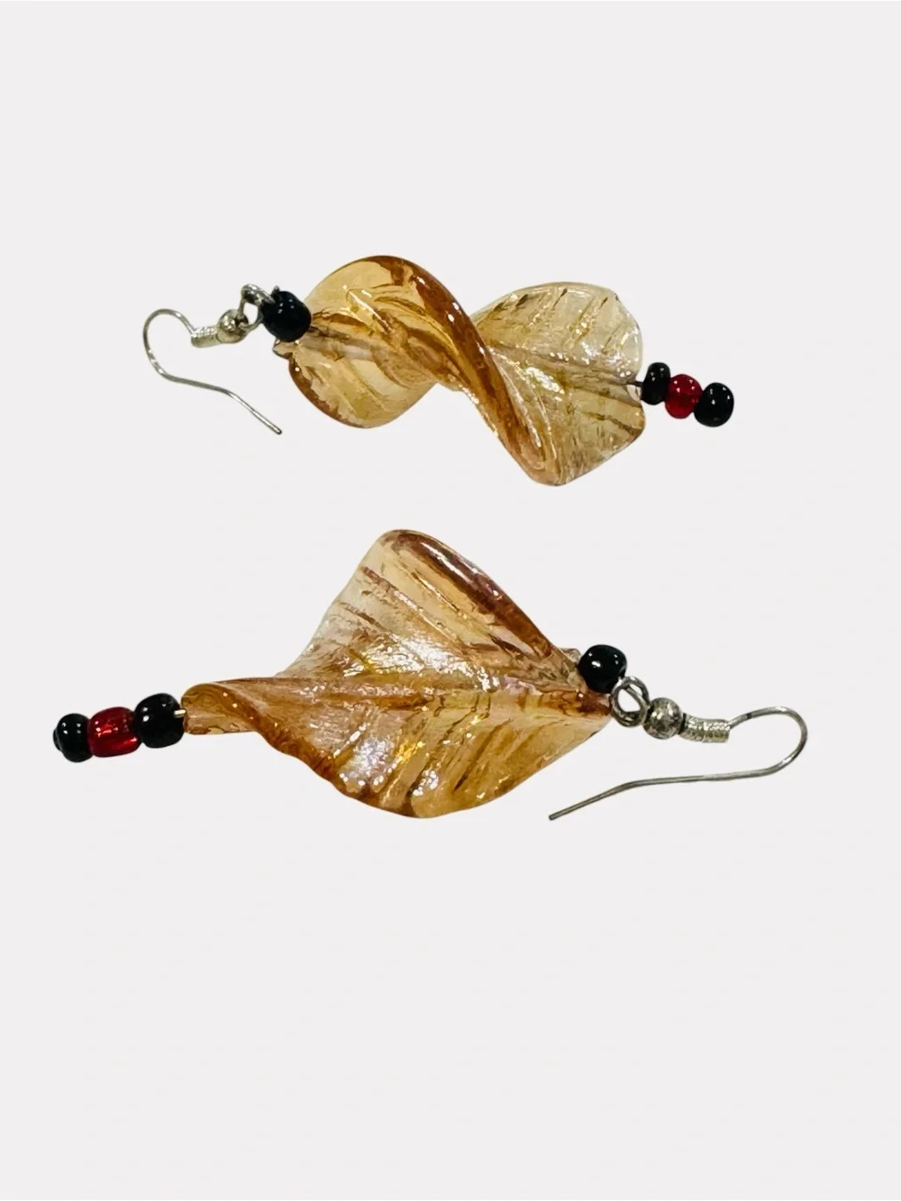 Handcrafted Amber Leaf Glass Dangle Earrings Black Red Bead Artisan Boho